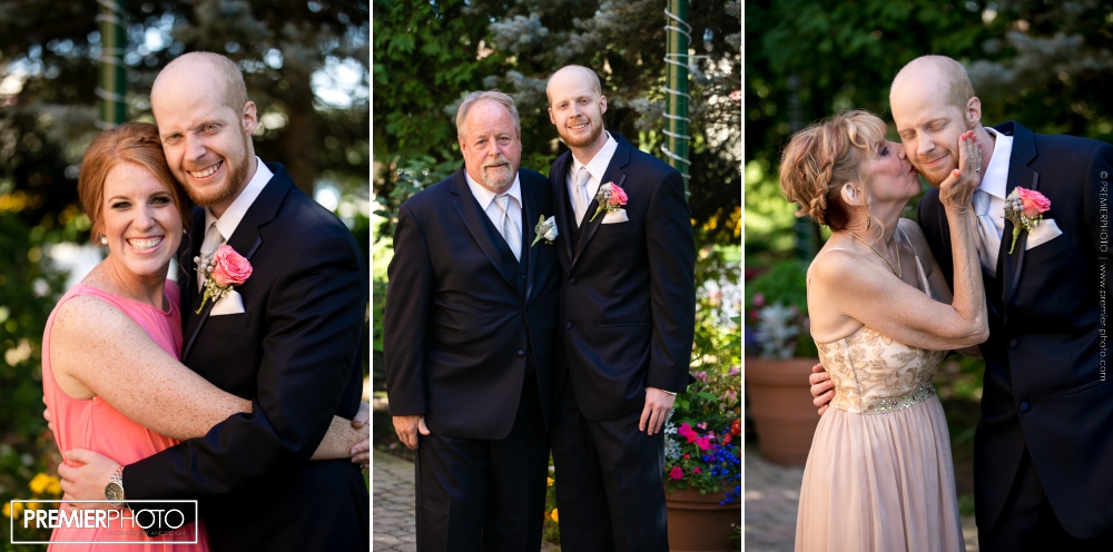 Groom and his family; formal family portrait before outdoor wedding ceremony