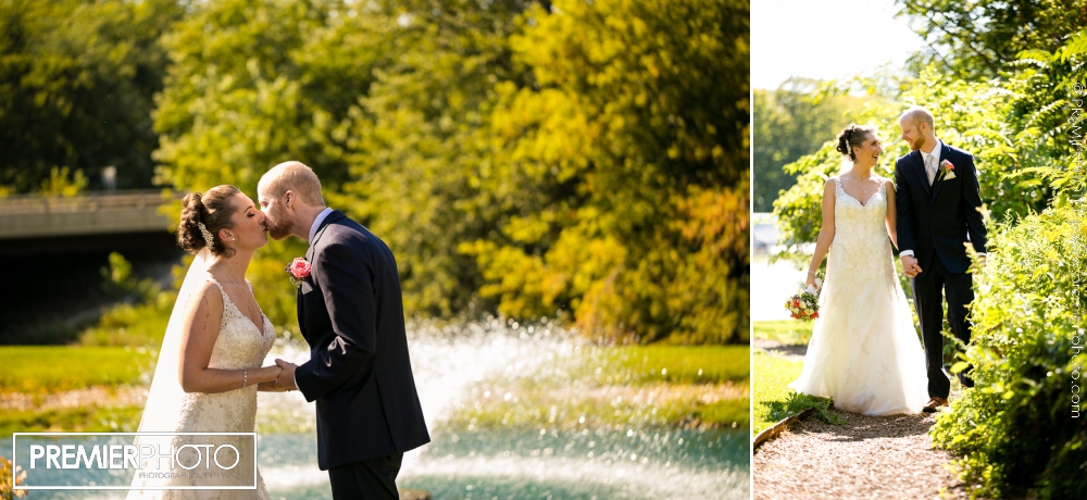 Outdoor casual portrait of bride and groom holding hands on nature trail