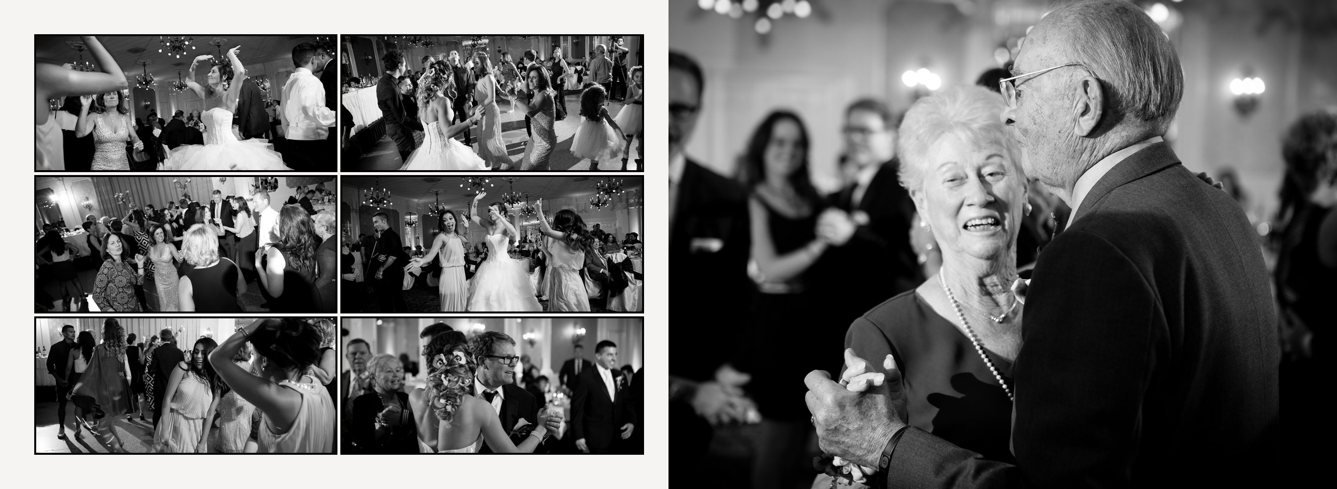 Custom designed wedding album spreads with all black and white photographs